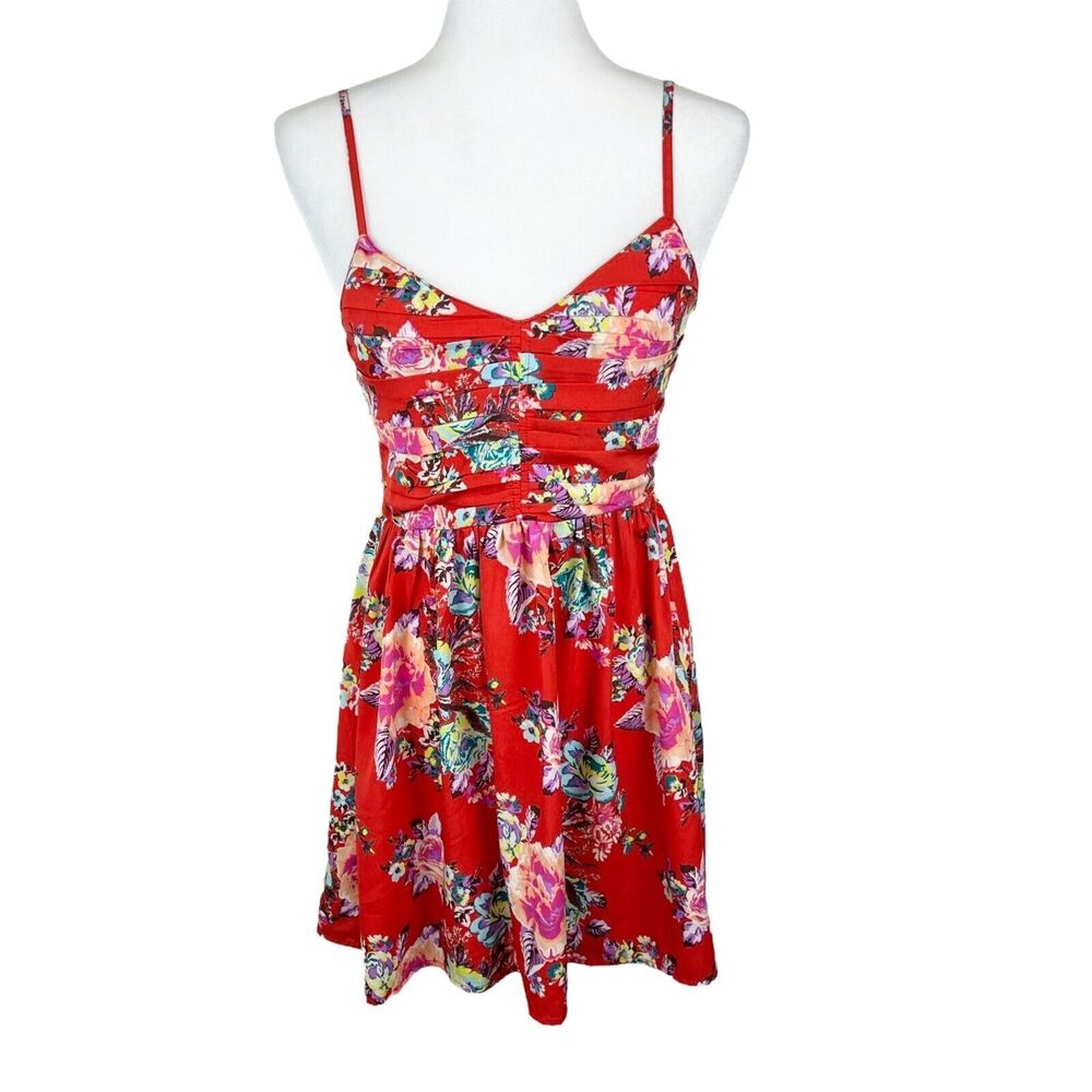 Roxy Dress Women Small Orange Floral Smocked Sleeveless Mini Shoreline Casual